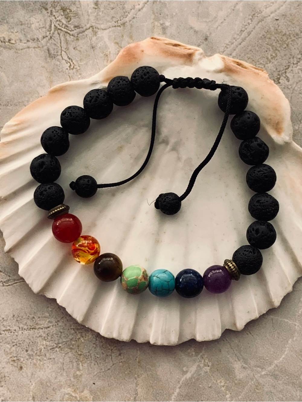 Black Lava Bead Chakra Bracelet with Multicolor Gem Accent